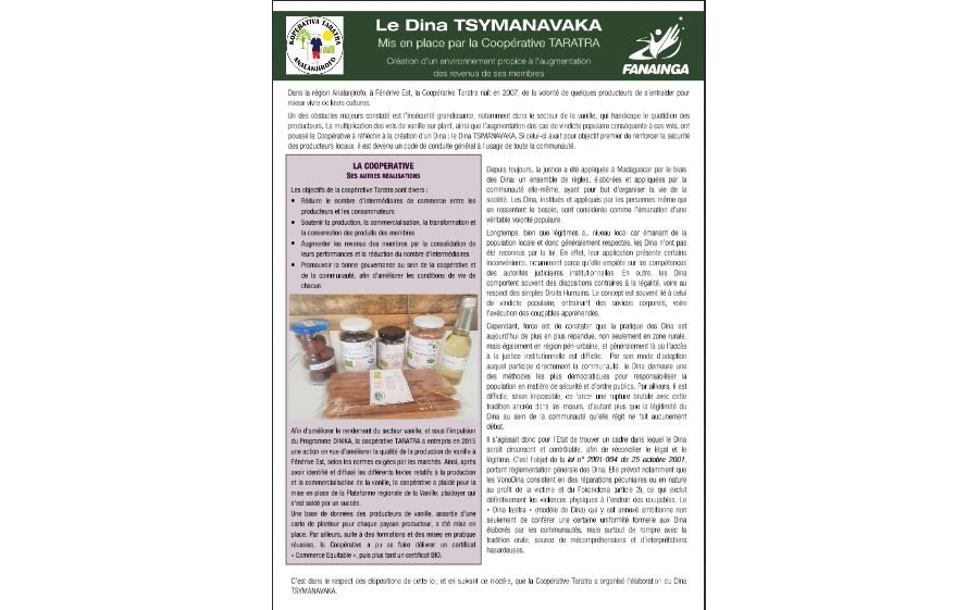 Coopérative Taratra - La mise en place d'un DINA
